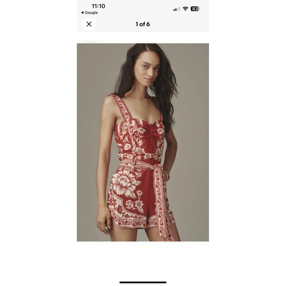 Farm Rio Guanacaste Red Gathering Romper Floral Monkey Linen Blend NWT Size M